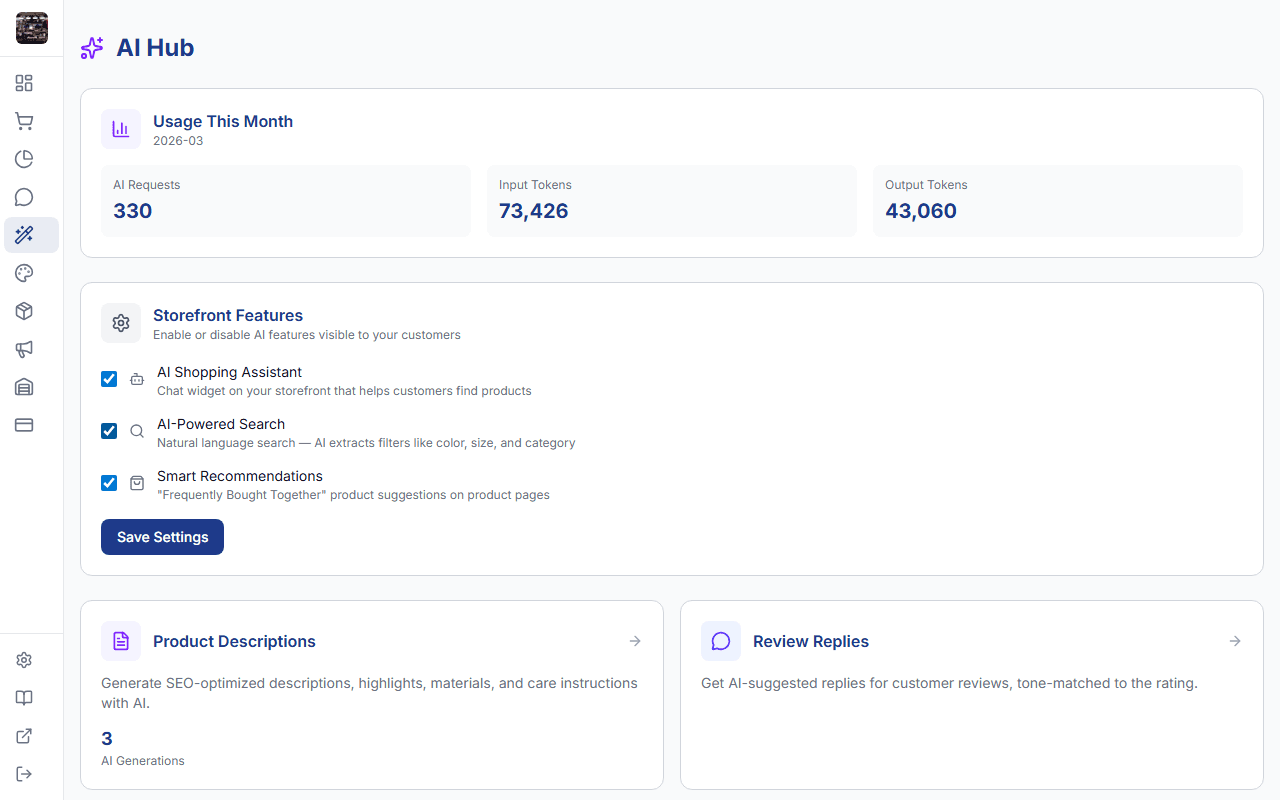 AI tools hub in StoreBase admin panel