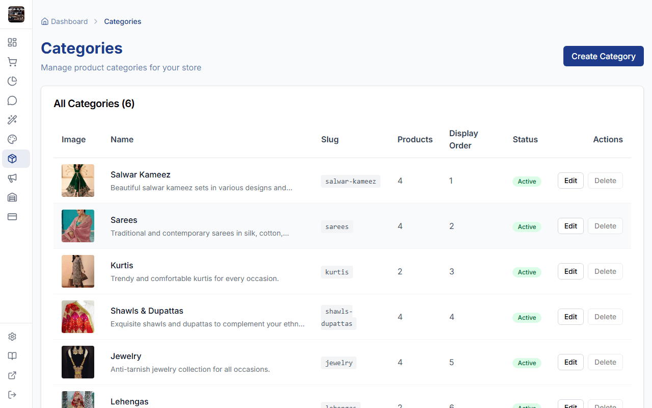 Categories management page in admin