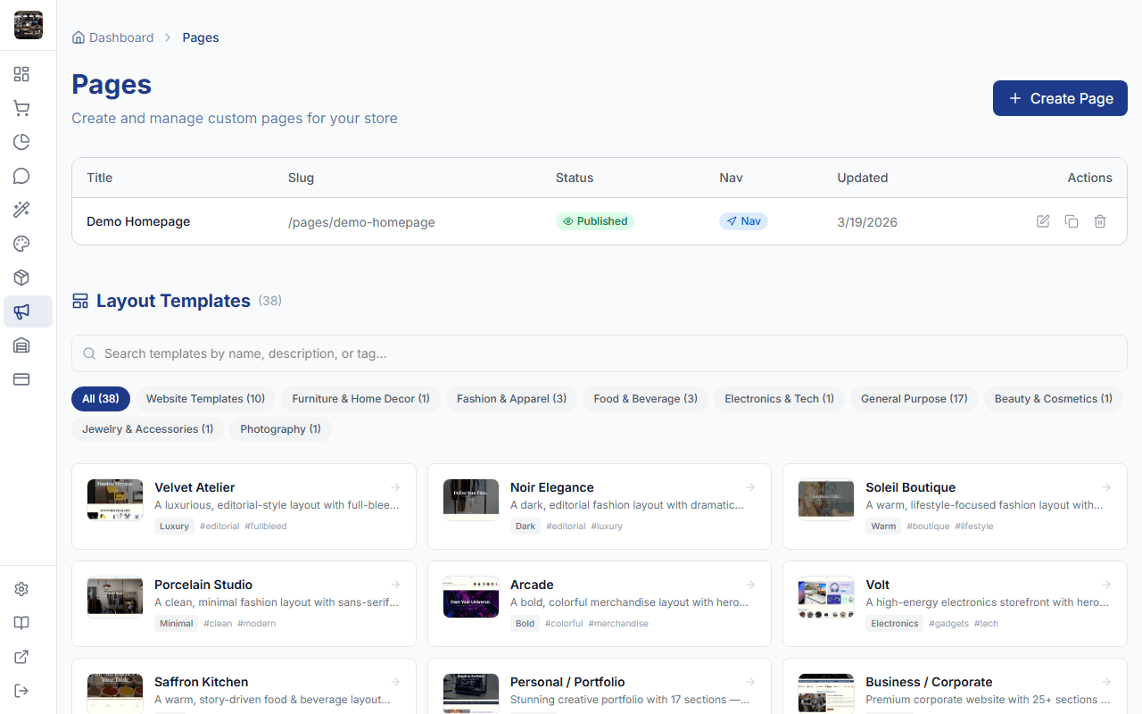StoreBase custom pages list in admin panel
