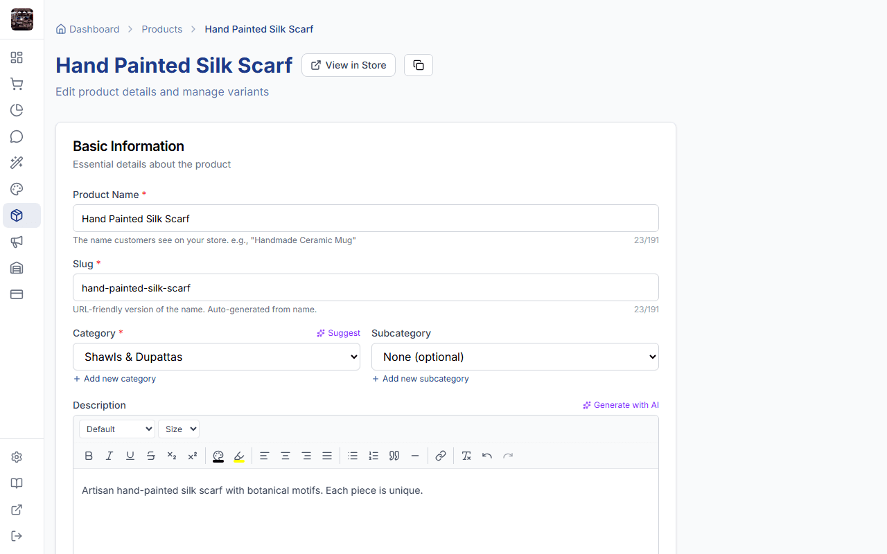 Product edit form with images, variants, and pricing