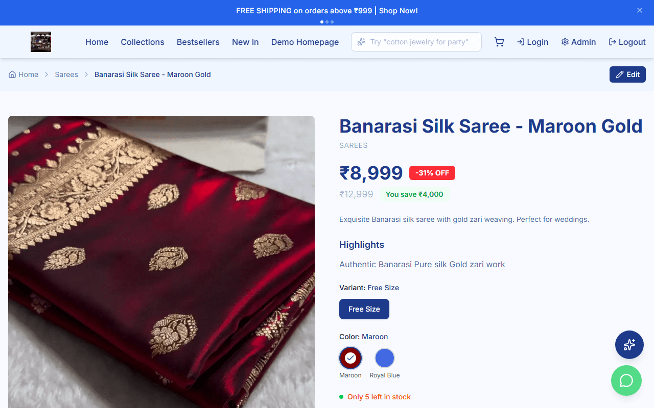 StoreBase product detail page with customization options