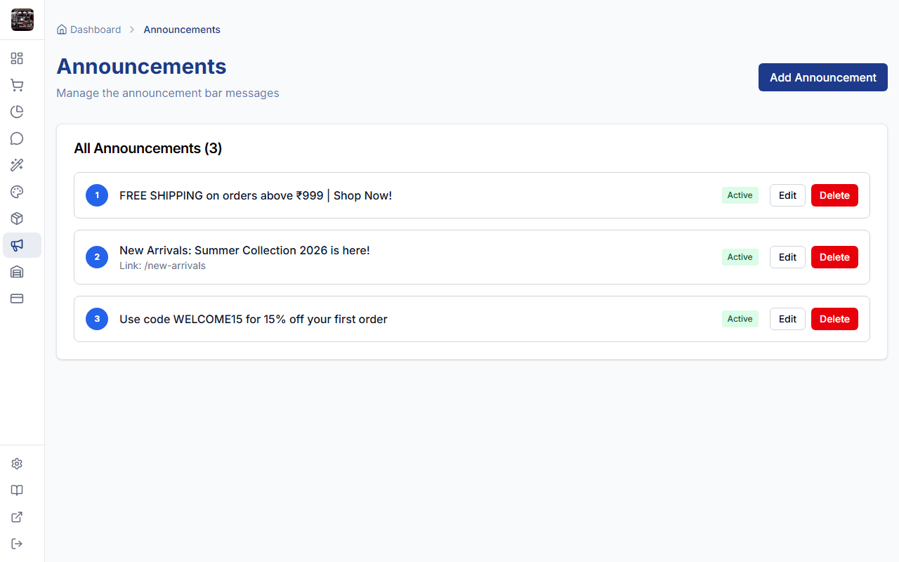 Announcements management page