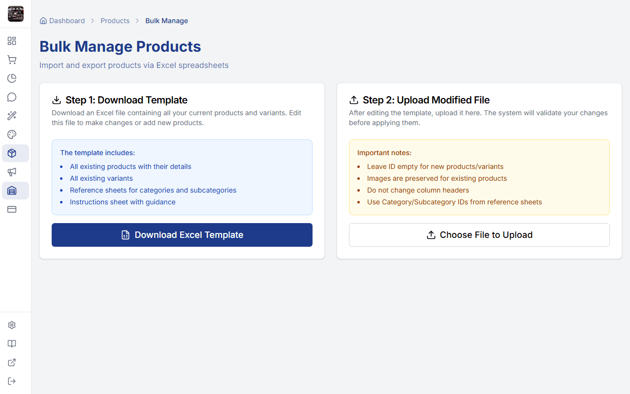 StoreBase bulk product import via Excel