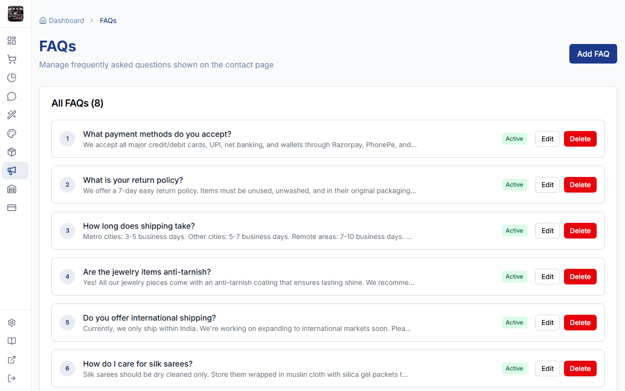 FAQ management page in admin panel