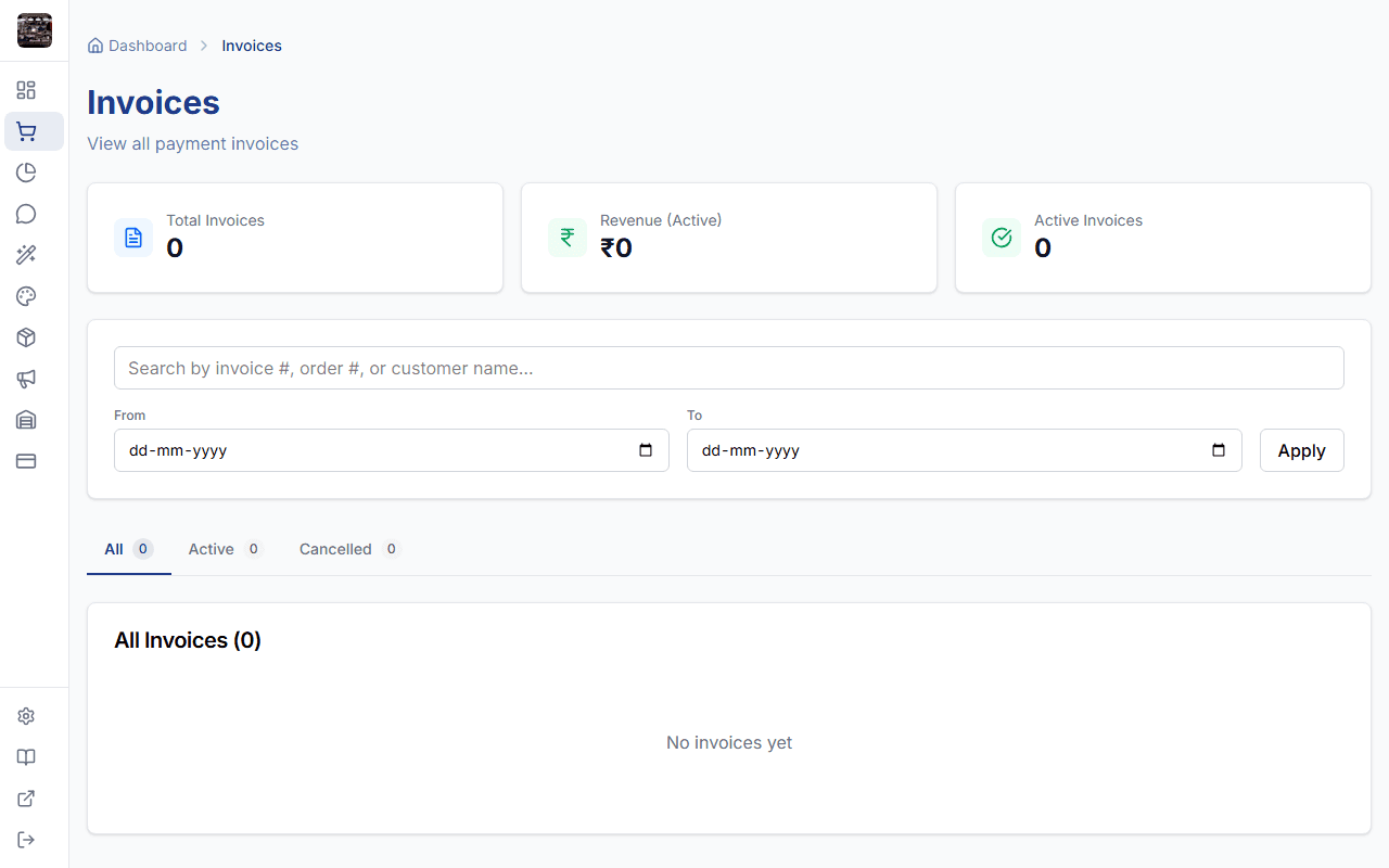 Invoice management page in StoreBase admin
