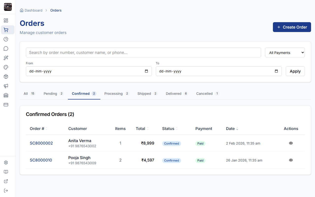 Orders list with status filters in StoreBase admin