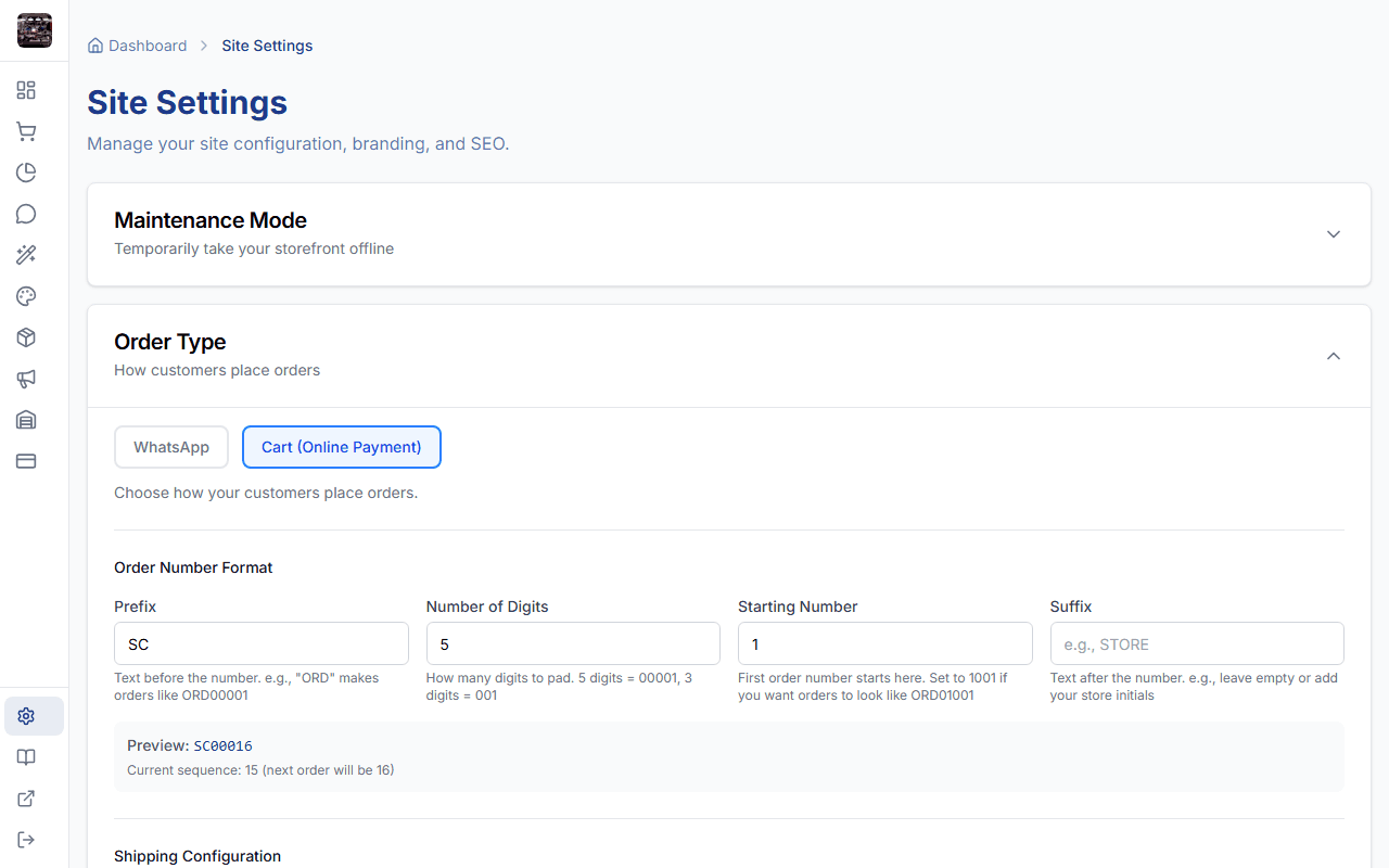 Store settings page with branding options