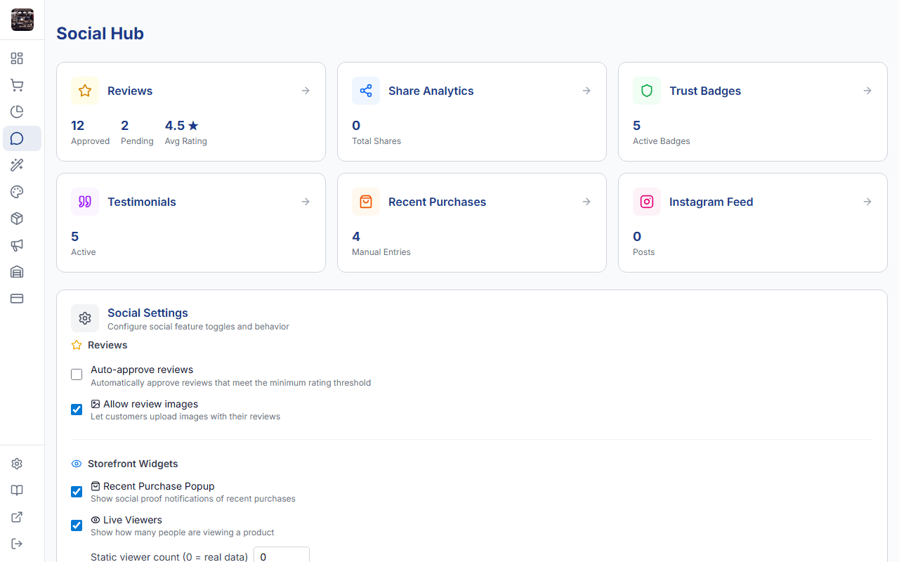 Social proof hub dashboard in StoreBase admin