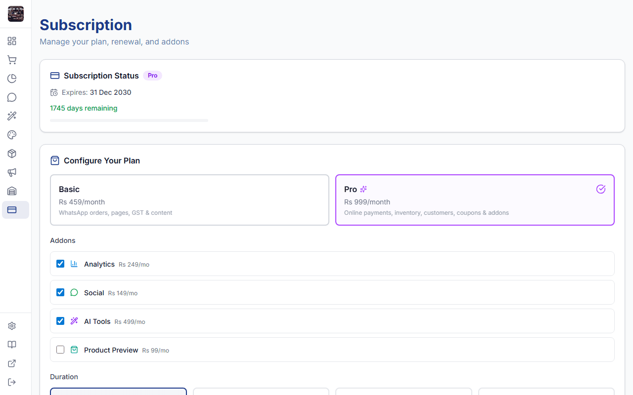 Subscription management page in admin panel