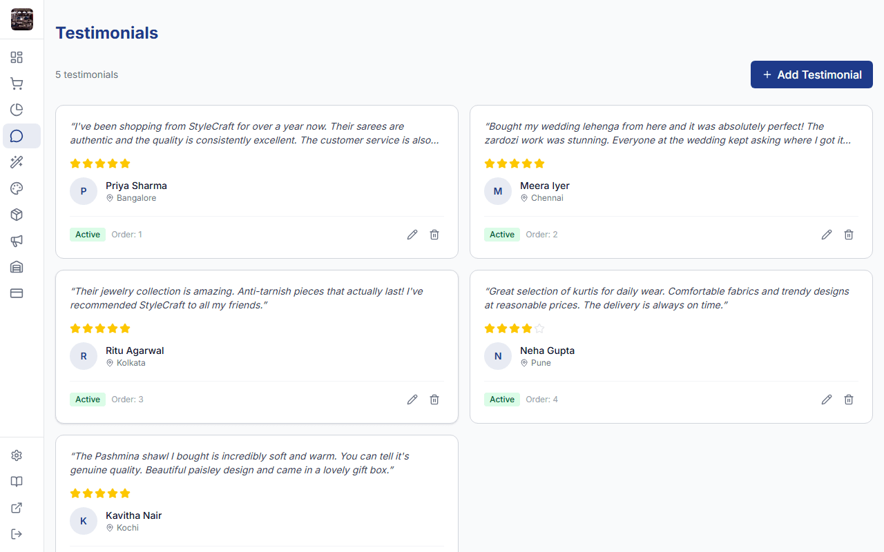 Testimonials management page